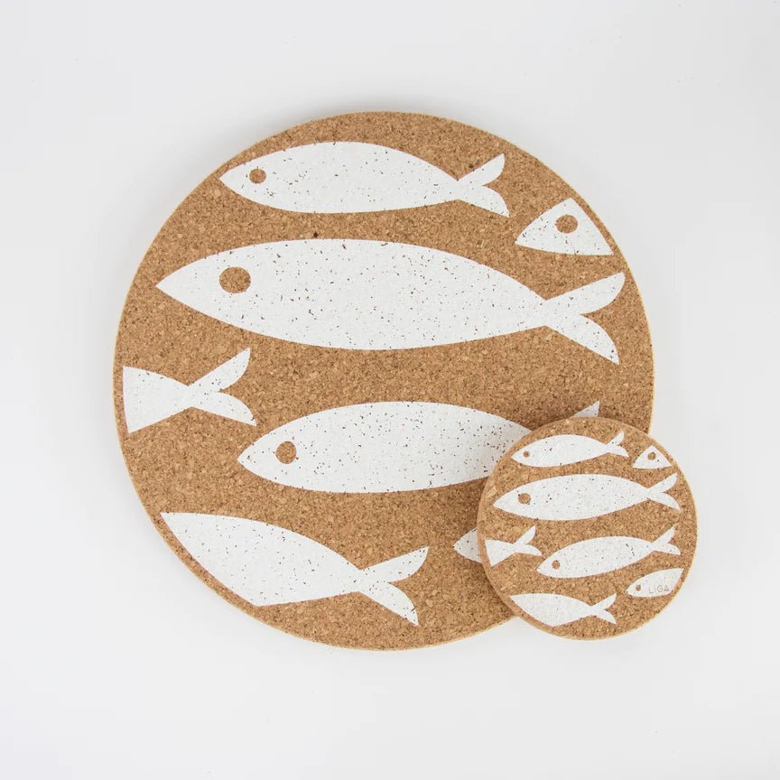 Love Liga White Fish Cork Coasters and Tablemats - The Mewstone Candle Co