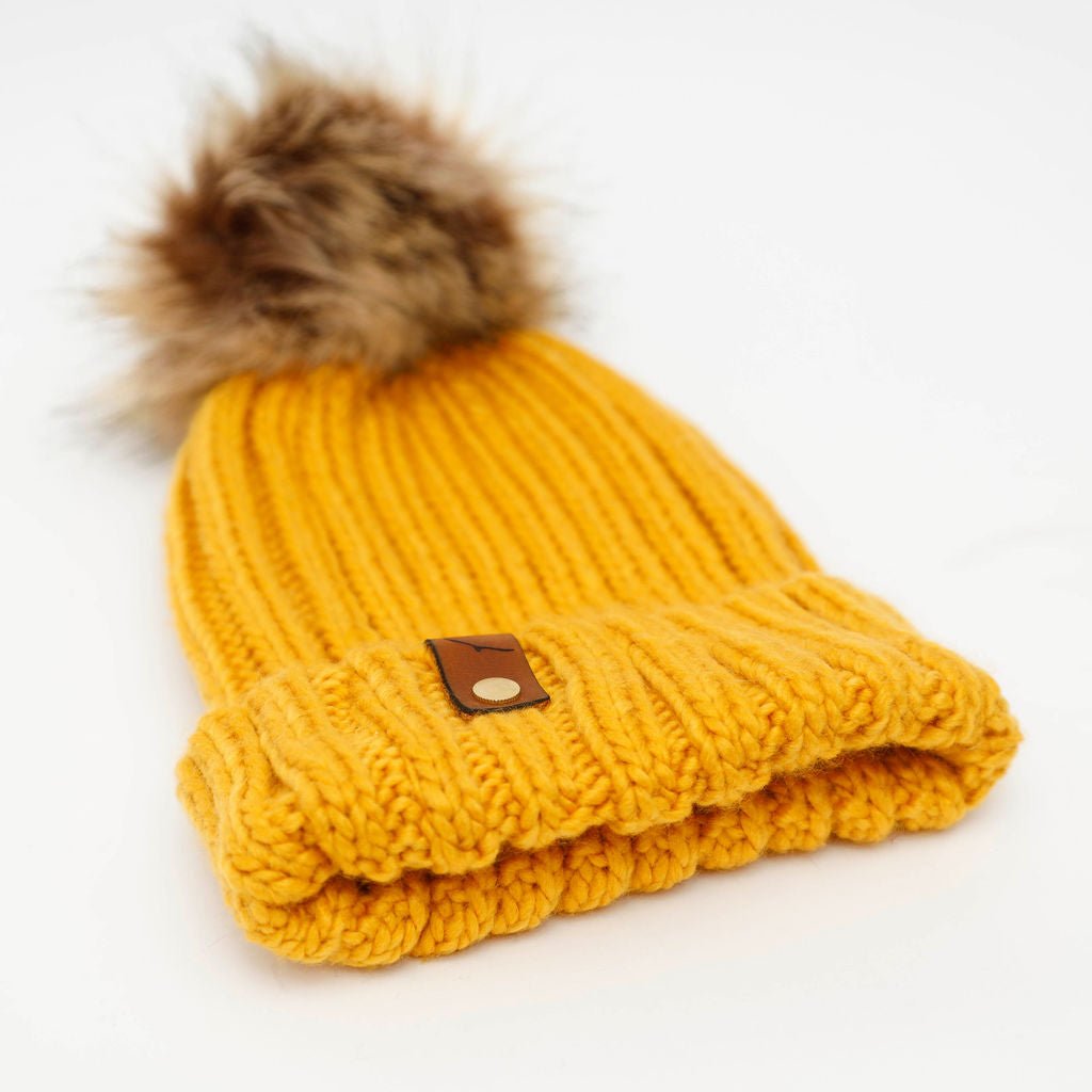 Mewstone Chunky Pom Pom Beanie Hat in Mustard