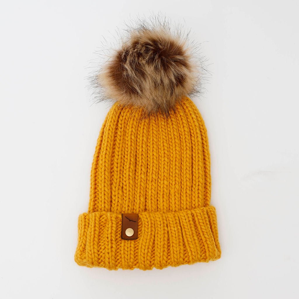 Mewstone Chunky Pom Pom Beanie Hat in Mustard - The Mewstone Candle Co